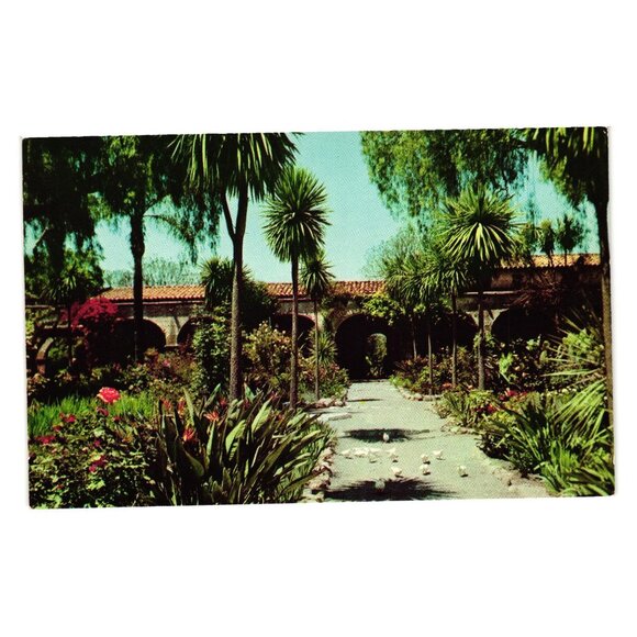 Vintage Mission San Juan Capistrano California Postcard Garden View Pigeons - Picture 1 of 2